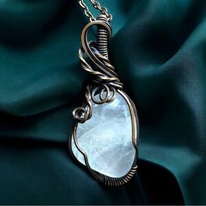 Natural Girasol Quartz Crystal Copper Wire Wrapped Pendant Handcrafted Necklace